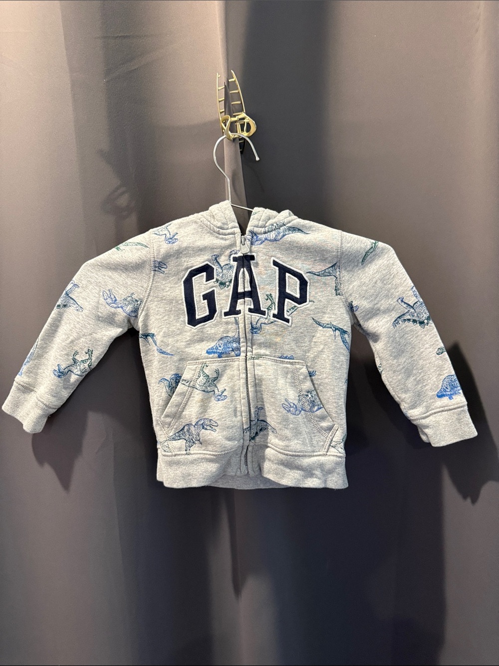 GAP Gray Zip Hoodie with Blue Dino Print